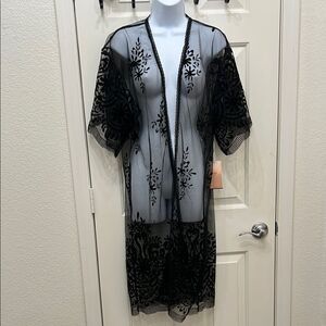 Blasphemy Black Sheer Lace Poolside Robe Kimono Sleeves Open Front Sheer Lace